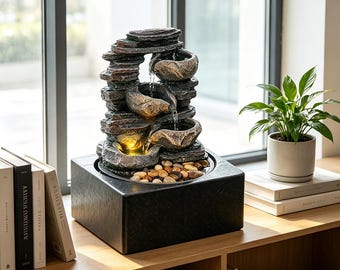 LED Lit Stacked Rock Water Fountain, Small Zen Water Feature for Home & Office