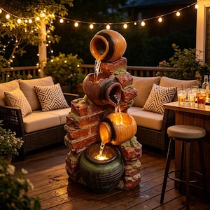 May include: A tiered water fountain featuring four stacked ceramic pots in shades of brown and green, integrated into a rustic brick-textured structure. Water flows from the top pots into the base, illuminated by warm internal lighting.