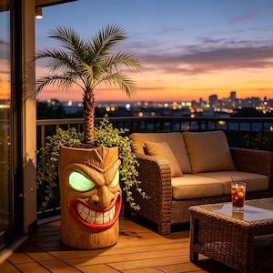 May include: A cylindrical planter shaped like a tiki mask with a tan wood-like texture, a wide grinning mouth with white teeth and red lips, and glowing green eyes. A small palm tree and trailing green foliage grow from the top of the planter.