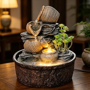 May include: A tabletop water fountain featuring stacked textured stone-like tiers with three small ceramic pots pouring water into a circular basin. The fountain includes integrated warm LED lighting, a mist effect, and a small green succulent plant.