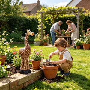 May include: A decorative giraffe garden statue featuring a brown and white patterned coat, a long neck, and black hooves, standing on a brick border next to a terracotta pot filled with pink flowers in a sunny outdoor garden setting.