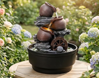 Rustic Pot Water Fountain with Spinning Wheel, LED Zen Tabletop Feature