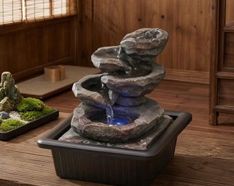LED Lit Stacked Rock Desktop Waterfall Fountain, Relaxing Zen Home Decor Housewarming Gift