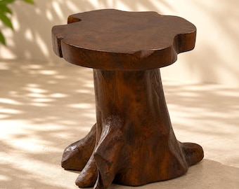 Handmade Teak Root Stump Stool , Live Edge Rustic Side Table| | Indoor Plant Stand| Dark Brown Accent Table