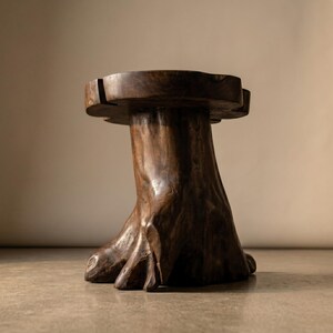 May include: A dark brown wooden stool crafted from a single piece of tree trunk. The stool features a flat, circular top with a notched edge and a wide, organic base that mimics the natural shape of roots, showcasing a smooth, polished finish.