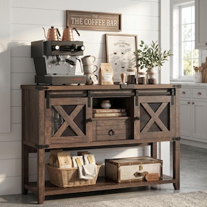 May include: A dark wood coffee bar cabinet with sliding barn doors featuring X-shaped mesh panels, a central drawer, and an open shelf. The top holds a black espresso machine, copper kettles, mugs, and a sign reading THE COFFEE BAR.