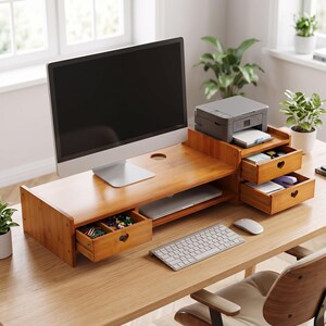 May include: A bamboo monitor stand with a wide shelf, a central open storage slot, and three drawers featuring heart-shaped cutouts. The stand supports a computer monitor and a printer, providing organized space for office supplies and a laptop.