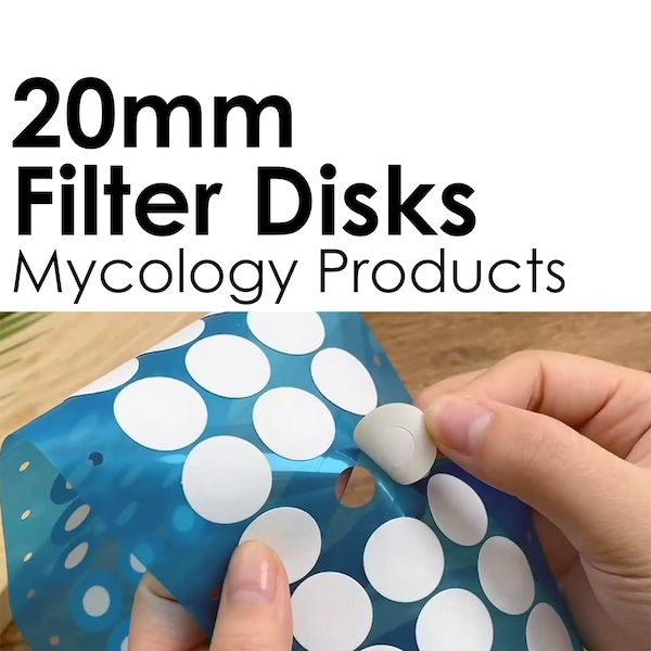 20mm Stick-on Synthetic Filter Disks for Mycology, Mushroom Growing, Liquid Culturing, and Mushroom Grow Bag Filtration. 0.3 micron filter.