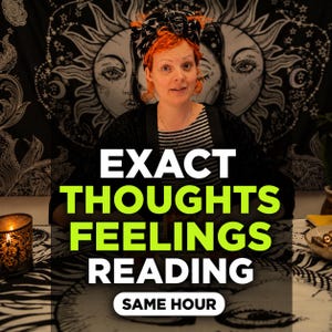 May include: A person with orange hair and a patterned headscarf wearing a black and white striped shirt under a black cardigan. The image features the text EXACT THOUGHTS FEELINGS READING and SAME HOUR in white and neon green lettering.