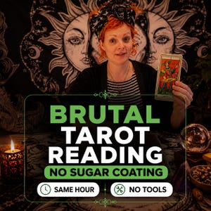 May include: A person with red hair and a black and white striped shirt holds a tarot card featuring a figure in a red hat. The image includes the text: BRUTAL TAROT READING NO SUGAR COATING, SAME HOUR, and NO TOOLS, with a candle and crystal ball.