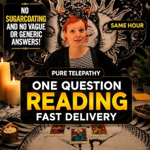 May include: A digital advertisement for a psychic reading service featuring text that reads: NO SUGARCOATING AND NO VAGUE OR GENERIC ANSWERS! SAME HOUR, PURE TELEPATHY, ONE QUESTION READING, FAST DELIVERY. Three tarot cards are displayed on a table.