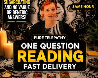 May include: A digital advertisement for a psychic reading service featuring text that reads: NO SUGARCOATING AND NO VAGUE OR GENERIC ANSWERS! SAME HOUR, PURE TELEPATHY, ONE QUESTION READING, FAST DELIVERY. Three tarot cards are displayed on a table.