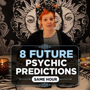 May include: A person with orange hair wearing a black and white striped shirt and a patterned headwrap, positioned in front of a black and white sun and moon tapestry. The text 8 FUTURE PSYCHIC PREDICTIONS SAME HOUR is overlaid in white and light blue.