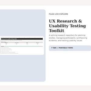 Puede incluir: Un kit de herramientas de investigación UX y pruebas de usabilidad digital con interfaz blanca y texto negro. Incluye una tabla de repositorio de investigación, una lista de flujo de trabajo, siete pestañas y formularios imprimibles.