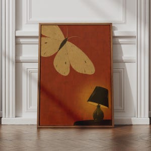 Moth and Lamp Art Print, Vintage Insect Wall Art, Rust Red Minimalist Poster, Moody Home Decor