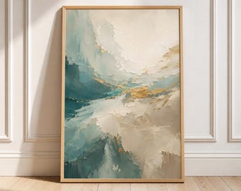 Puede incluir: Una pieza de arte mural rectangular vertical que presenta una pintura abstracta con pinceladas gruesas y texturizadas en tonos verde azulado, crema y blanco, acentuadas con reflejos de pan de oro metálico, enmarcada en madera clara.