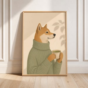 Matcha Pause | Shiba Inu Coffee Wall Art | Cozy Dog Print | Japanese Dog Poster | Modern Café Decor | Matcha Lover Gift |