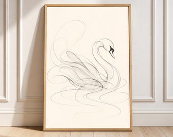 Puede incluir: Una lámina de arte mural enmarcada con un dibujo lineal negro de un cisne sobre un fondo de color crema. La ilustración utiliza trazos fluidos y continuos para representar el cuello, el cuerpo y las plumas del cisne, en un marco de madera clara.