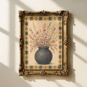May include: A framed wall art print featuring a dark gray rounded vase filled with pink wildflowers and green foliage. The print is bordered by a pattern of alternating gold circles and dark green squares, all encased in an ornate gold frame.