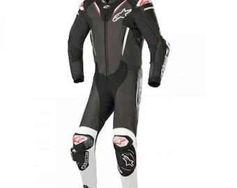 Traje de motociclismo para hombre, de piel de vacuno perforada negra, con protecciones CE.