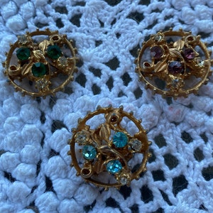 Three Heavy Gold Tone Shank Buttons Decorated with Rhinestones
