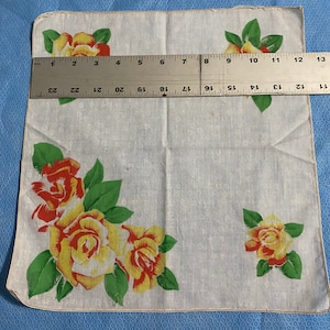 Beautiful Vintage Cotton Hankie with White Background and Yellow and Orange Roses and Green Leaves