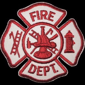 May include: A white and red embroidered patch in the shape of a Maltese cross. The text FIRE DEPT is stitched in red. The center features a red fire helmet, ladder, and axe, while the side panels display a ladder and a fire hydrant.