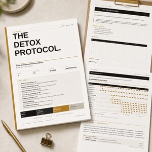 May include: A printed document titled The Detox Protocol featuring a 30-day expanded attention rebuild plan. The layout includes black text on a white background with gold accents, detailing phases, experiments, and a habit stacking map for daily tracking.