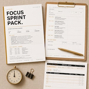 以下が含まれることがあります： 黒い文字が印刷された白い表紙のFocus Sprint Packプランナーセット、印刷されたスケジュールを保持するクリップボード、金色のペン、金色のストップウォッチ、黒いバインダークリップ。書類には詳細なスプリント構造とログが含まれています。