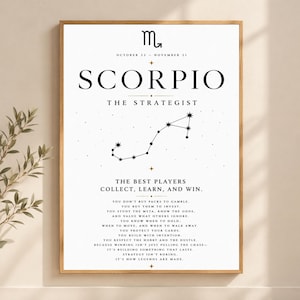 May include: A white rectangular wall art print in a light wood frame featuring the Scorpio zodiac sign, the dates October 23 to November 21, the text The Strategist, a constellation diagram, and a paragraph of text about winning and strategy.