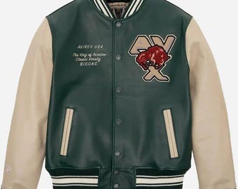 Avirex USA Bisons Varsity Jacket: Green Leather Cream Sleeve Letterman Coat