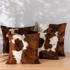 Cowhide Pillow Cover Genuine Leather Cushion Cover Brown White Cowhide Throw Pillow Rustic Farmhouse Home Decor