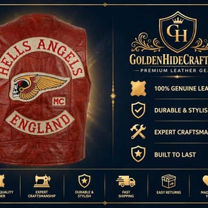 Hell’s Angels England Leather Biker Vest, Men’s Red Motorcycle Vest, Winged Skull Patch Riding Waistcoat, Vintage MC Style