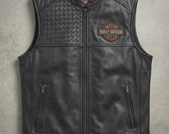 Men's Harley Davidson Leather Biker Vest | Quilted Shoulder, Ride Free Design, Black Waistcoat