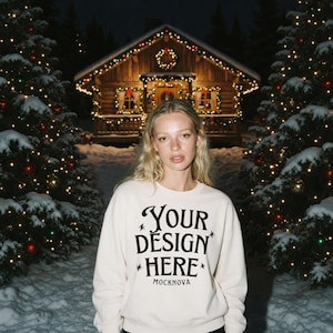 White Gildan 18000 Mockup, Snowy Christmas Forest Night, Flash Effect, Xmas Village Mock