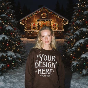 Dark Chocolate Gildan 18000 Mockup, Snowy Christmas Forest Night, Flash Effect, Xmas Village Mock