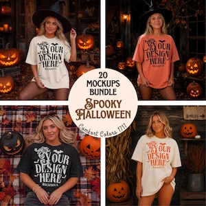 Puede incluir: Un paquete de cuatro camisetas de manga corta en blanco, naranja, negro y crema, cada una con el texto YOUR DESIGN HERE y MOCKNOVA con adornos decorativos y gráficos de murciélagos, presentado como un paquete de 20 maquetas Spooky Halloween.