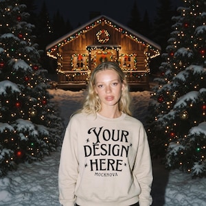 Sand Gildan 18000 Mockup, Snowy Christmas Forest Night, Flash Effect, Xmas Village Mock