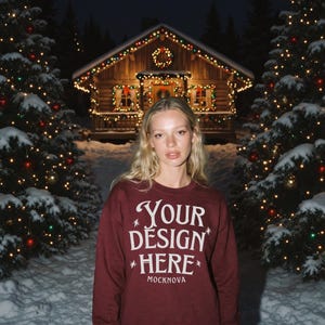 Maroon Gildan 18000 Mockup, Snowy Christmas Forest Night, Flash Effect, Xmas Village Mock