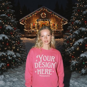 Pink Gildan 18000 Mockup, Snowy Christmas Forest Night, Flash Effect, Xmas Village Mock