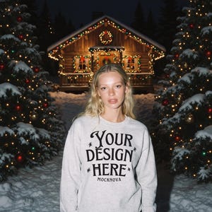 Ash Gildan 18000 Mockup, Snowy Christmas Forest Night, Flash Effect, Xmas Village Mock