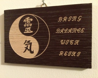 Yin Yang and Reiki Kanji Symbols Wooden Wall Hanging