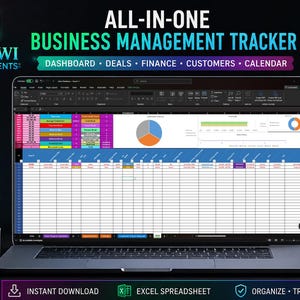 May include: A digital business management tracker displayed on a laptop screen, featuring an Excel spreadsheet with colorful charts, graphs, and data tables. The interface includes sections for dashboard, finance, deals, customers, and calendar management.
