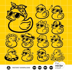 May include: A collection of black line art illustrations featuring rubber ducks wearing various accessories like sunglasses, hats, headbands, and headphones, set against a yellow grid background with the text Instant Download SVG PNG EPS DXF.