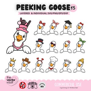 May include: A digital graphic set titled PEEKING GOOSE 15 featuring a large illustration of a goose in a pink hat with candy, surrounded by thirteen smaller geese wearing various accessories like bows, hats, crowns, and headbands on a white background.