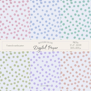 Pode incluir: Seis padrões de papel digital sem costura com bolinhas em aquarela nas cores rosa, azul, azul-petróleo, verde, roxo e rosa antigo em um fundo claro. O texto diz: Watercolor Digital Paper, 6 watercolor seamless pattern, PNG Files, 12" x 12" - 300 DPI, 3600 x 3600 px, @nunailustra.