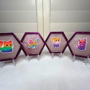 Rainbow Gradient Cat Glasunderlägg Set – Glitter Lila Hexagon Glasunderlägg