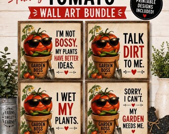 Set di divertenti stampe murali a tema pomodori / 4 citazioni stampabili sul giardino / Regalo per appassionati di giardinaggio / Download digitale / Decorazioni in stile rustico