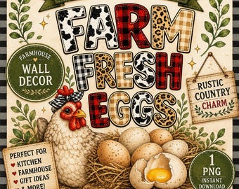Uova fresche di fattoria PNG, decorazione murale per cucina in stile rustico, insegna rustica di campagna, uova di gallina stampabili, download immediato, PNG digitale