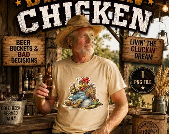 Divertente immagine PNG di un allevatore di polli, design di una maglietta con un pollo ubriaco, grafica umoristica da fattoria, immagine PNG per sublimazione, download immediato